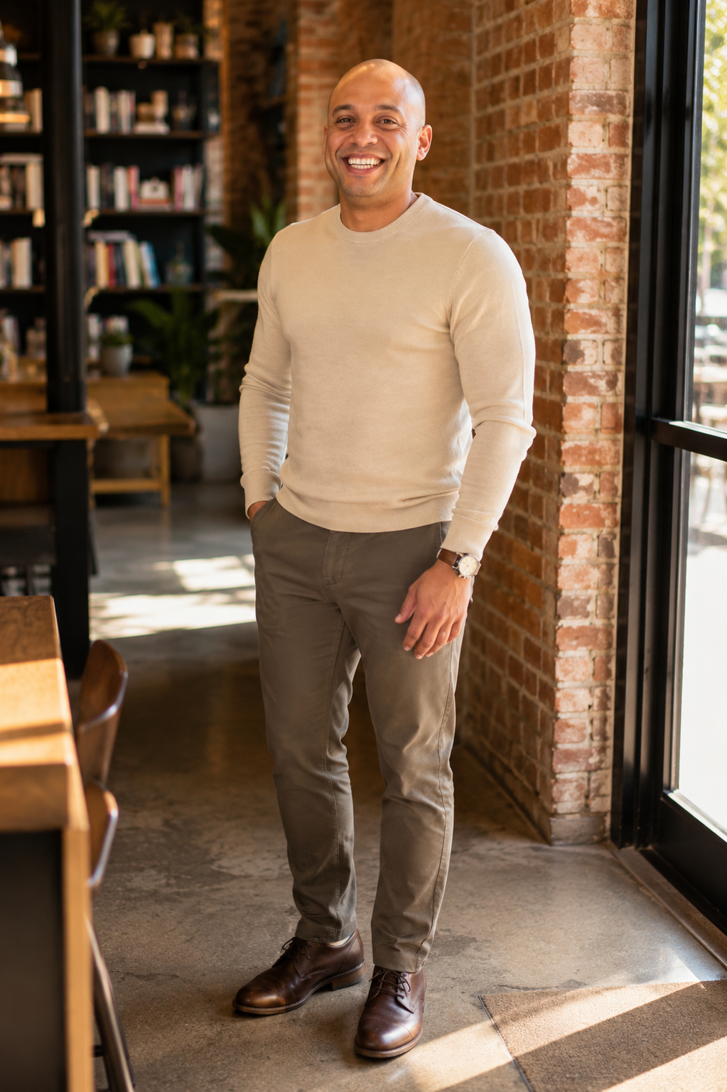 Johnathan Butler smiling in a bookstore beside a sunlit window and exposed brick wall.