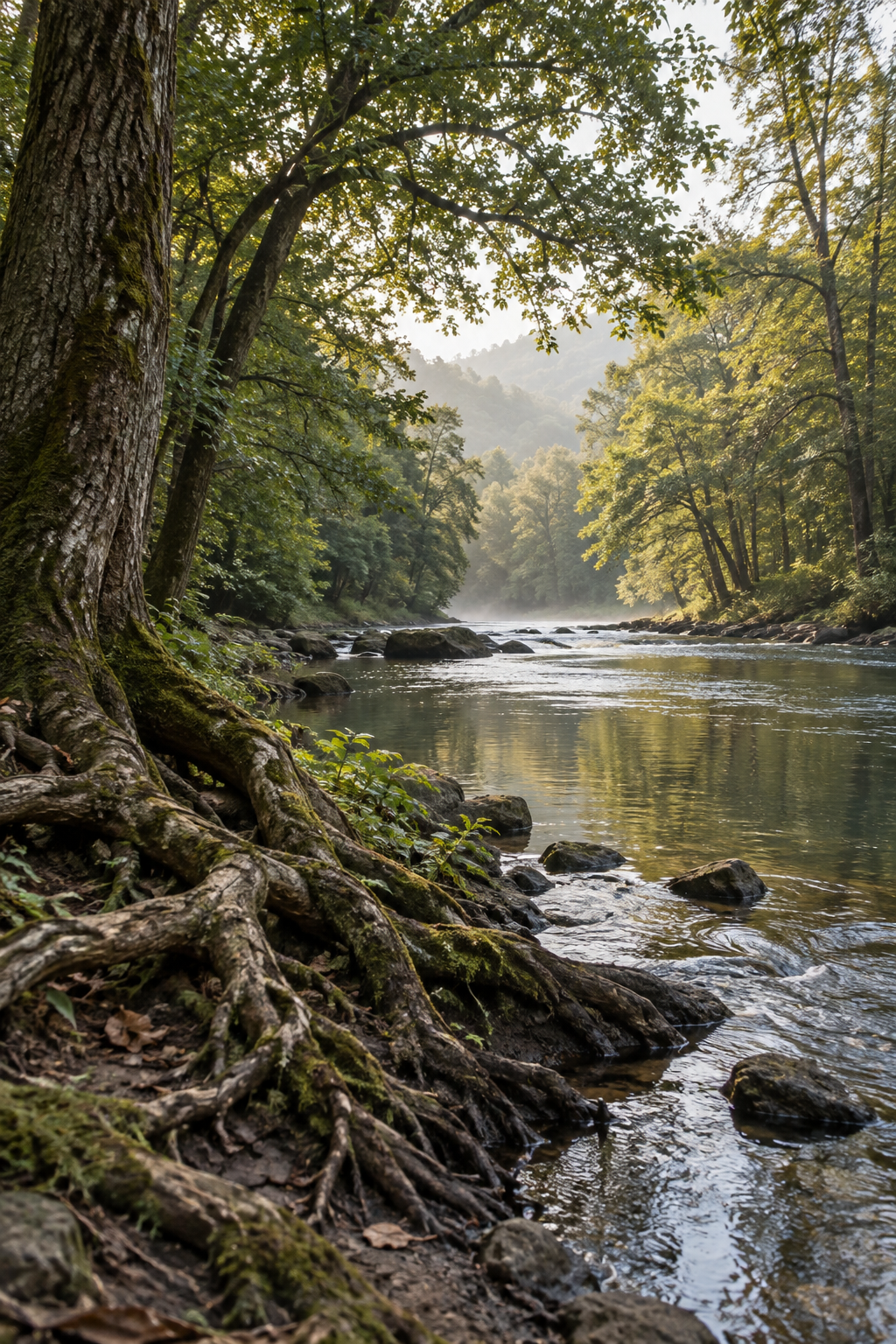 Morning light on a woodland river, with tree roots reaching into its bank.